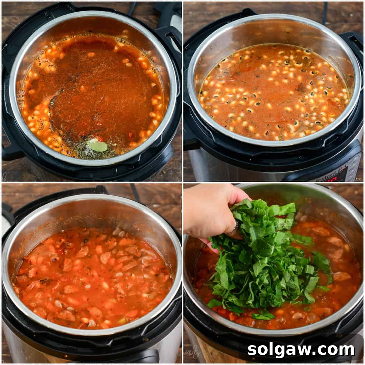 A four-panel visual guide showing the final stages of Instant Pot black-eyed pea soup preparation: the soup before and after pressure cooking, and the vibrant addition of collard greens at the end.