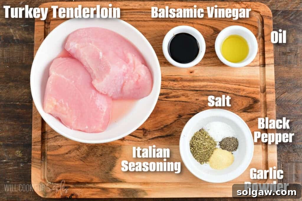 labeled simple ingredients to make balsamic turkey tenderloin roasted in the oven.