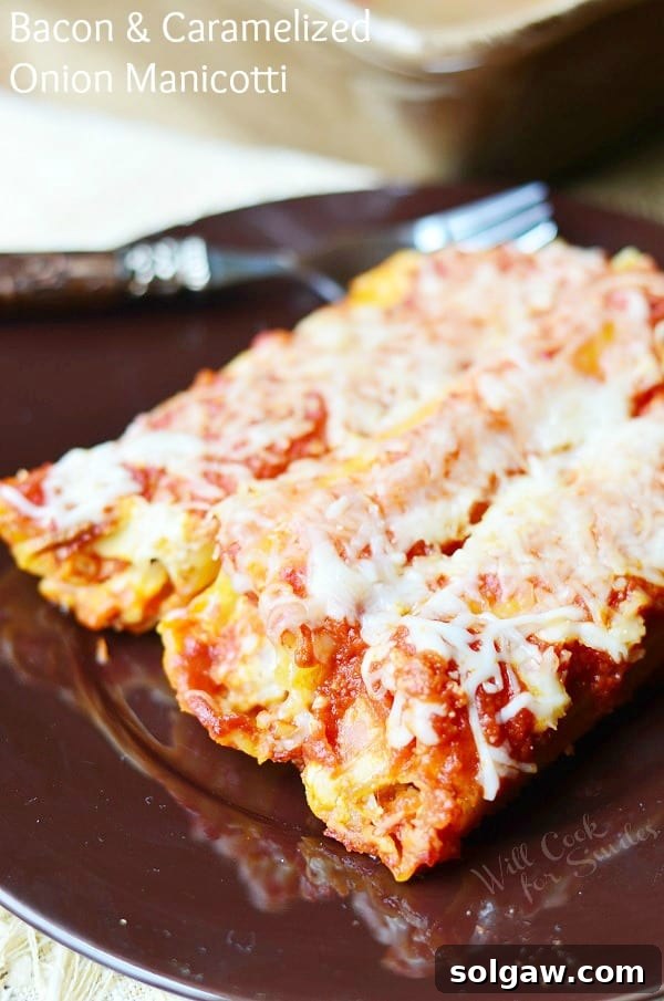 Bacon & Caramelized Onion Manicotti, a delightful Italian pasta dish with savory bacon and sweet caramelized onions.