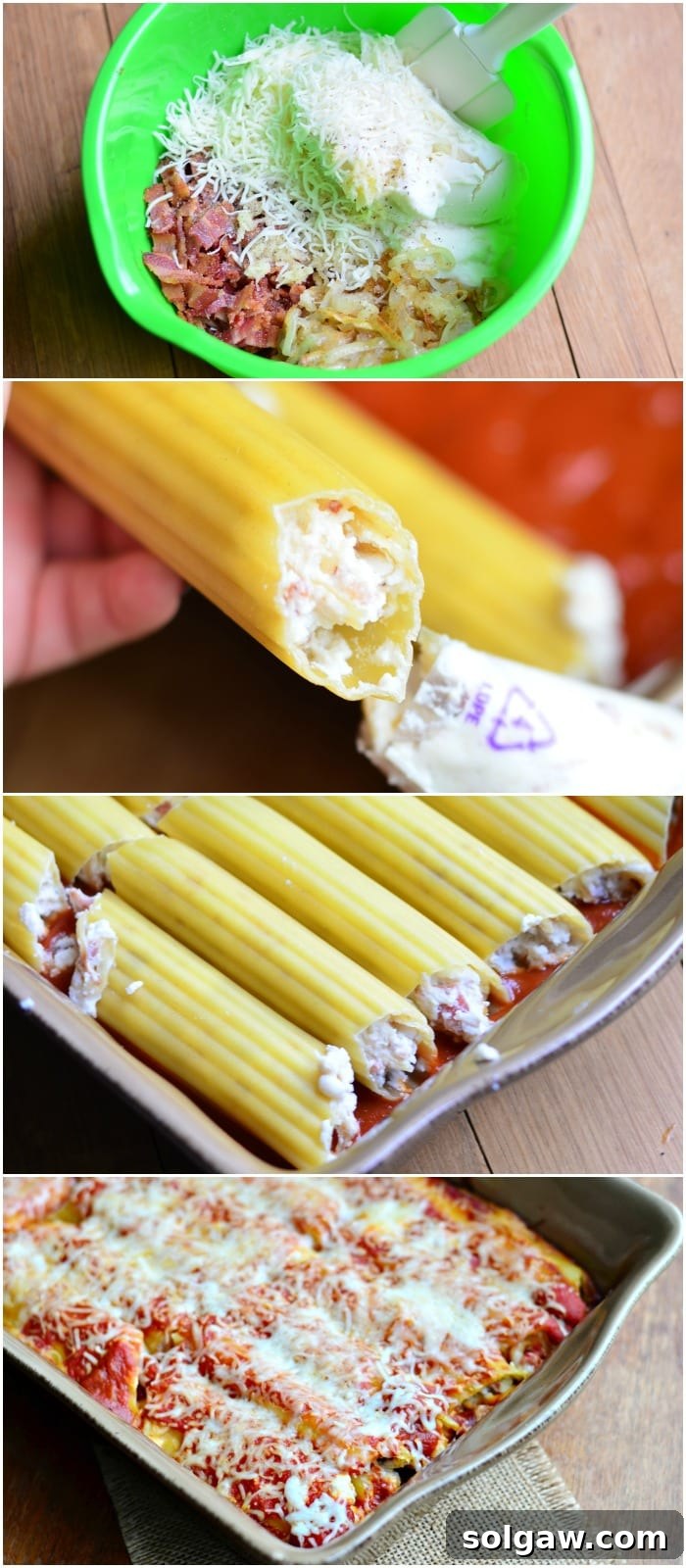 Step-by-step process of preparing Bacon & Caramelized Onion Manicotti, from filling the shells to baking.