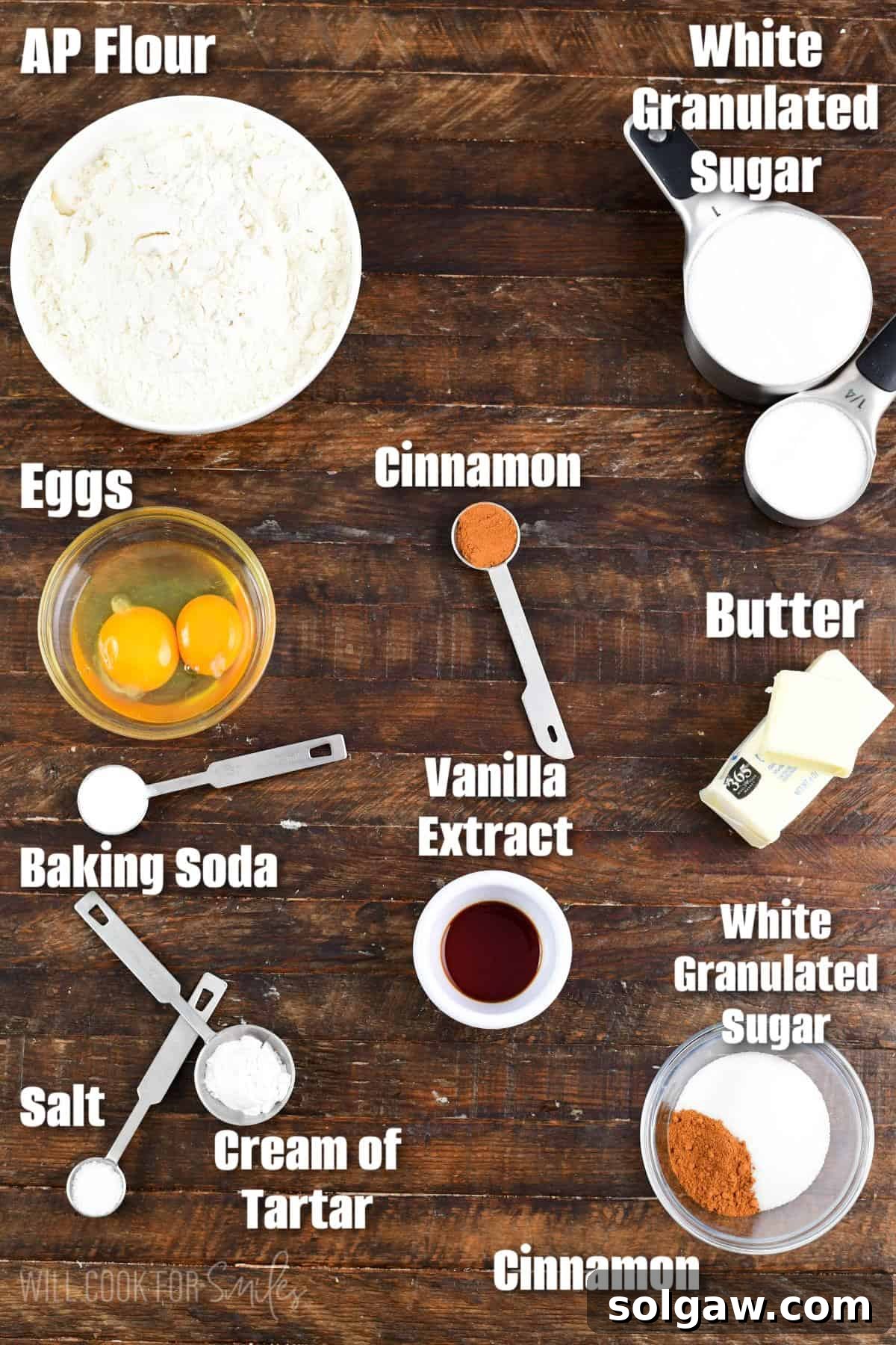 labeled ingredients to make brown butter snickerdoodle cookies.