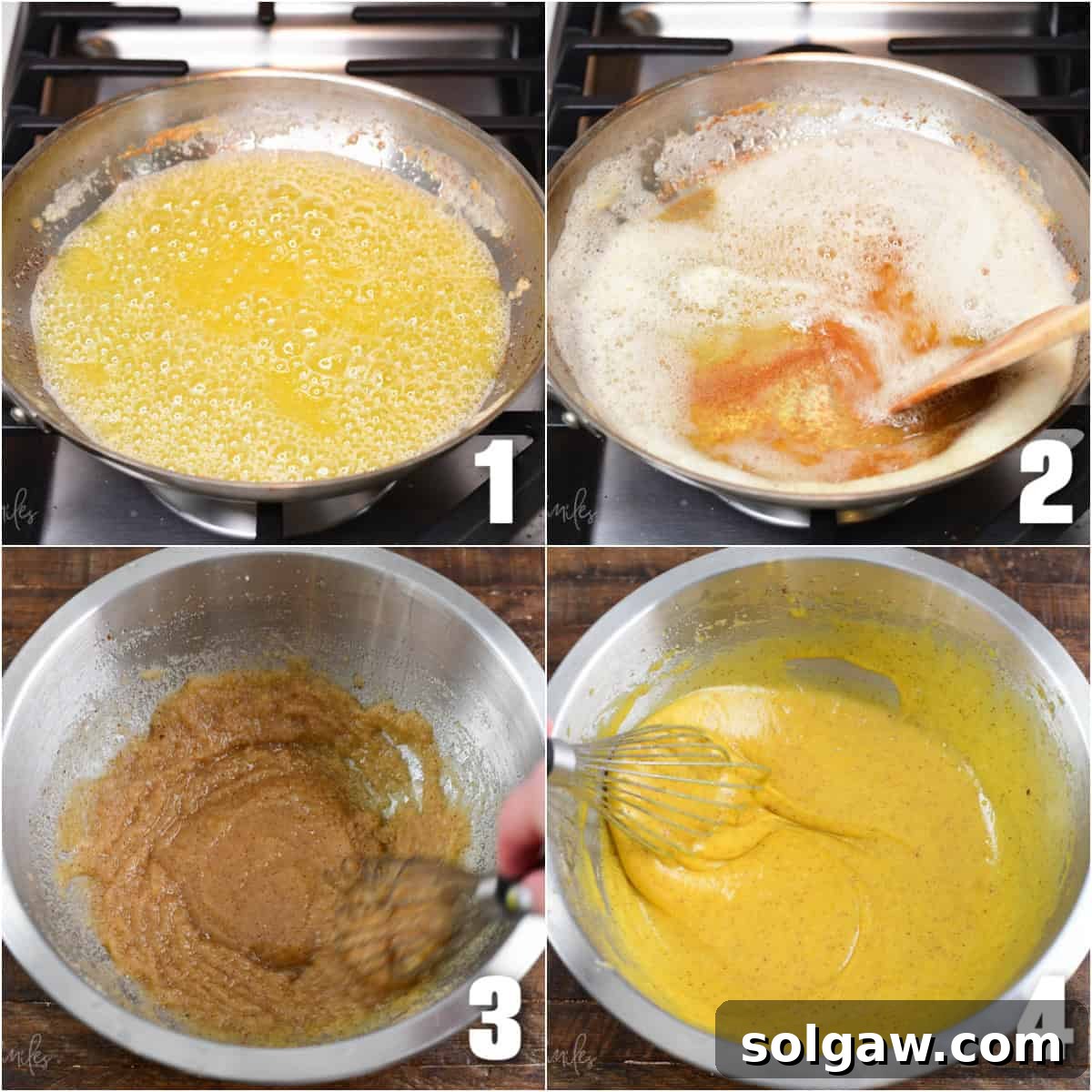 collage of 4 images of browning butter until golden brown first and then whisking sugar butter and eggs.