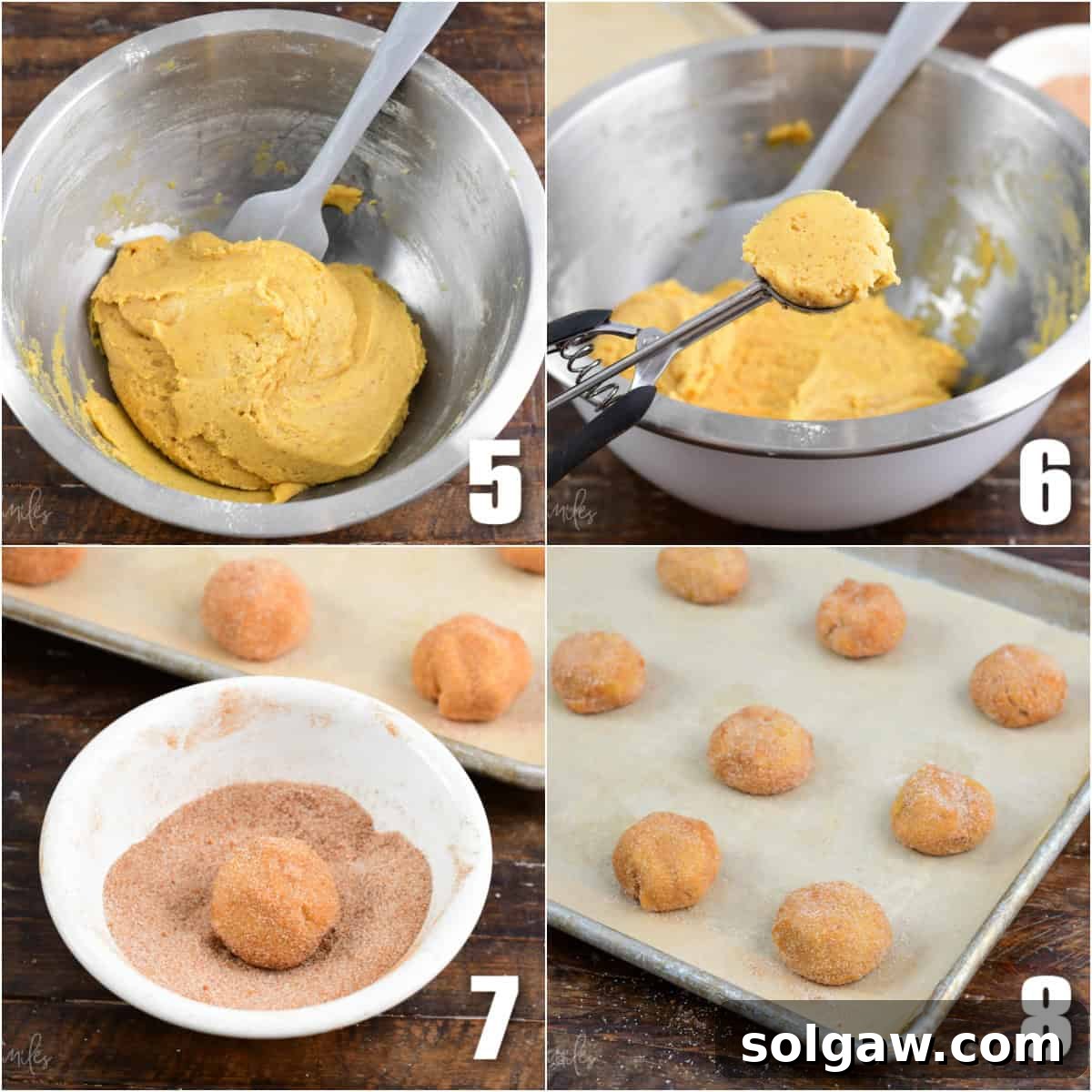 collage of 4 images of finishing cookie batter and then rolling it into cookies.