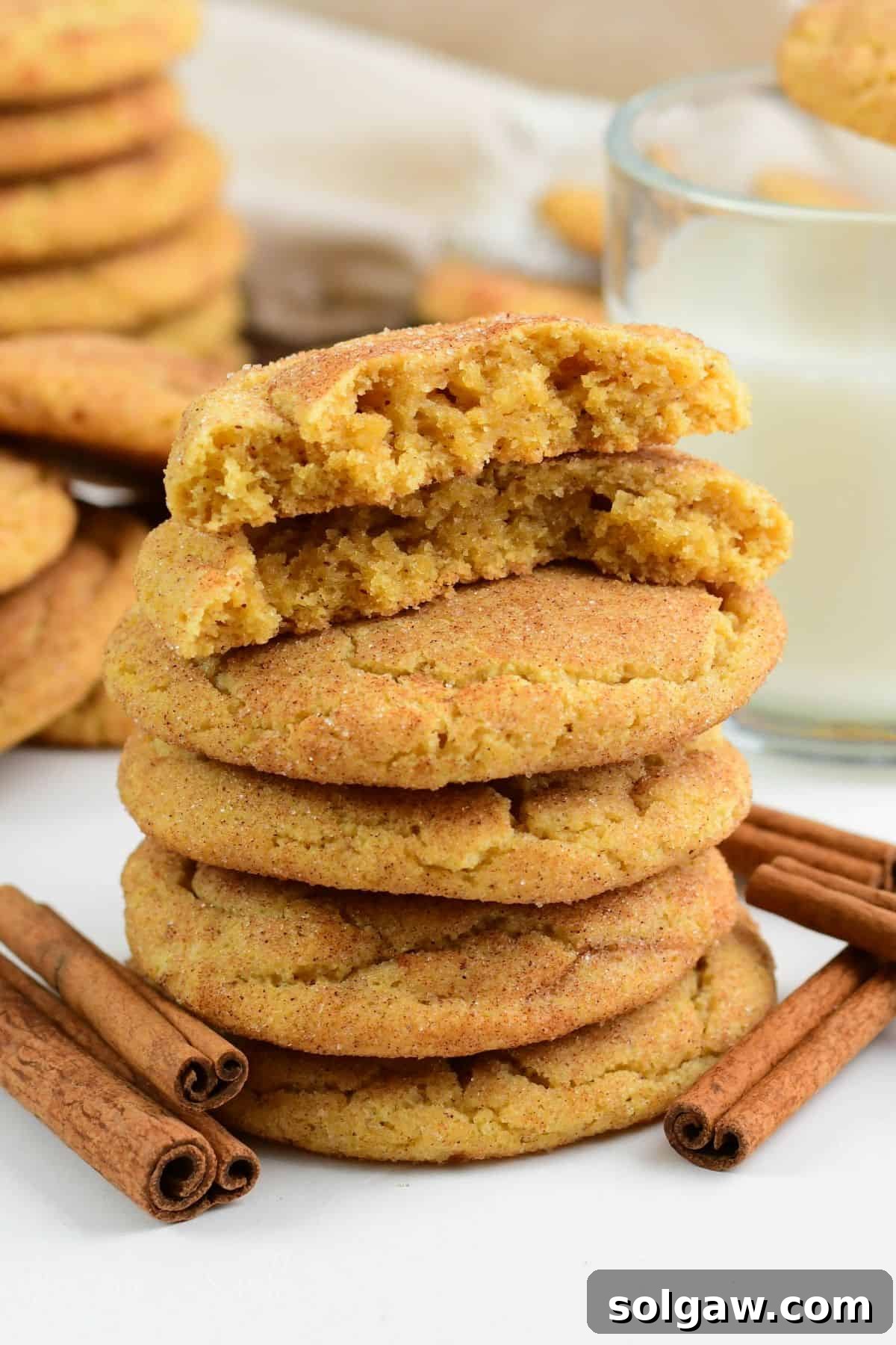 stacked brown butter snickerdoodles with one broken in half to see inside.