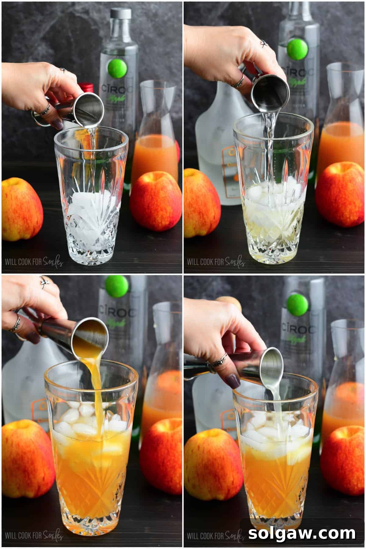 Autumn Orchard Martini 4 A four-image collage demonstrating the step-by-step process of combining ingredients in a cocktail shaker to prepare an Apple Cider Martini.