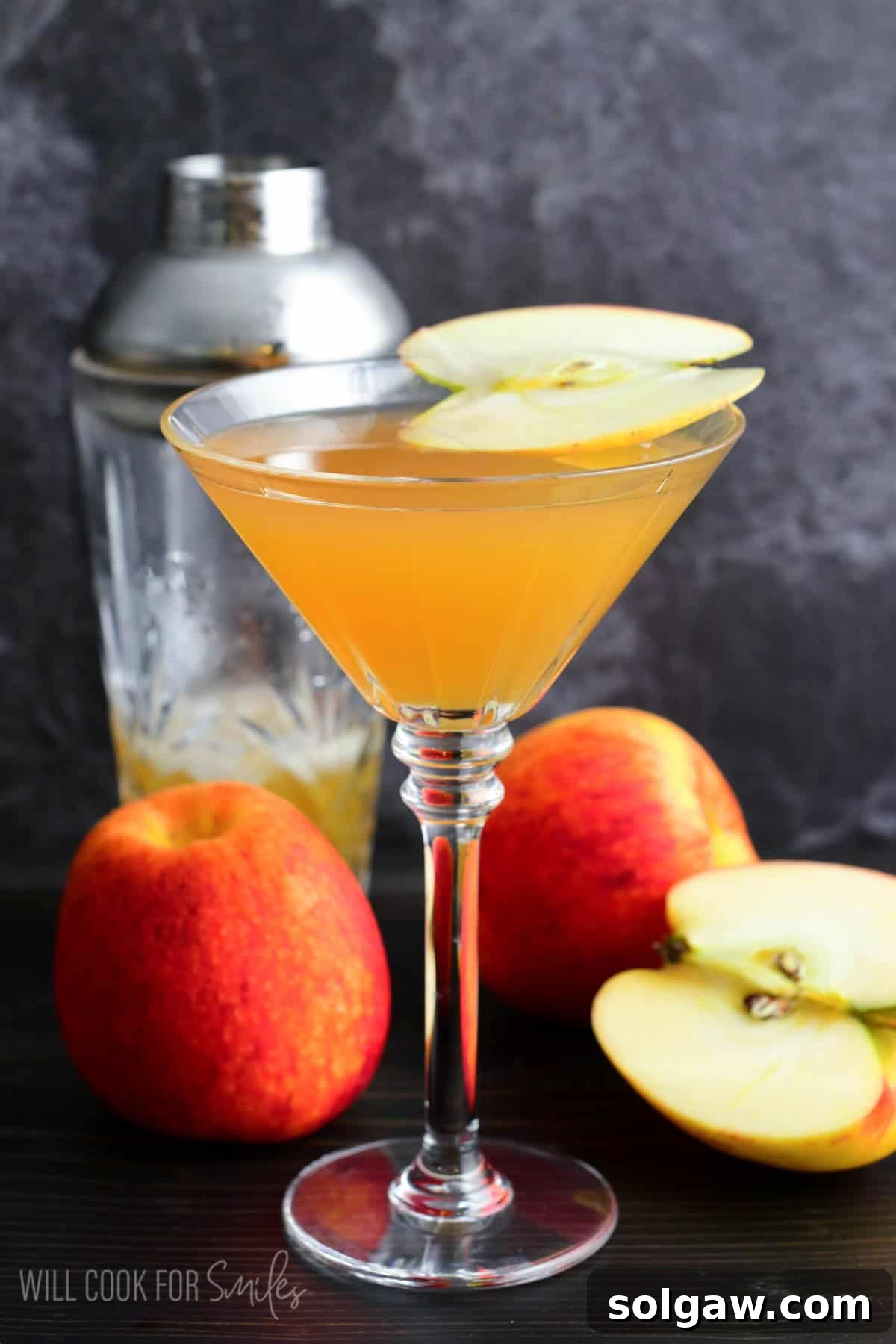 Apple Cider Martini in a chilled glass, garnished with a fresh apple slice, showcasing a perfect fall cocktail.