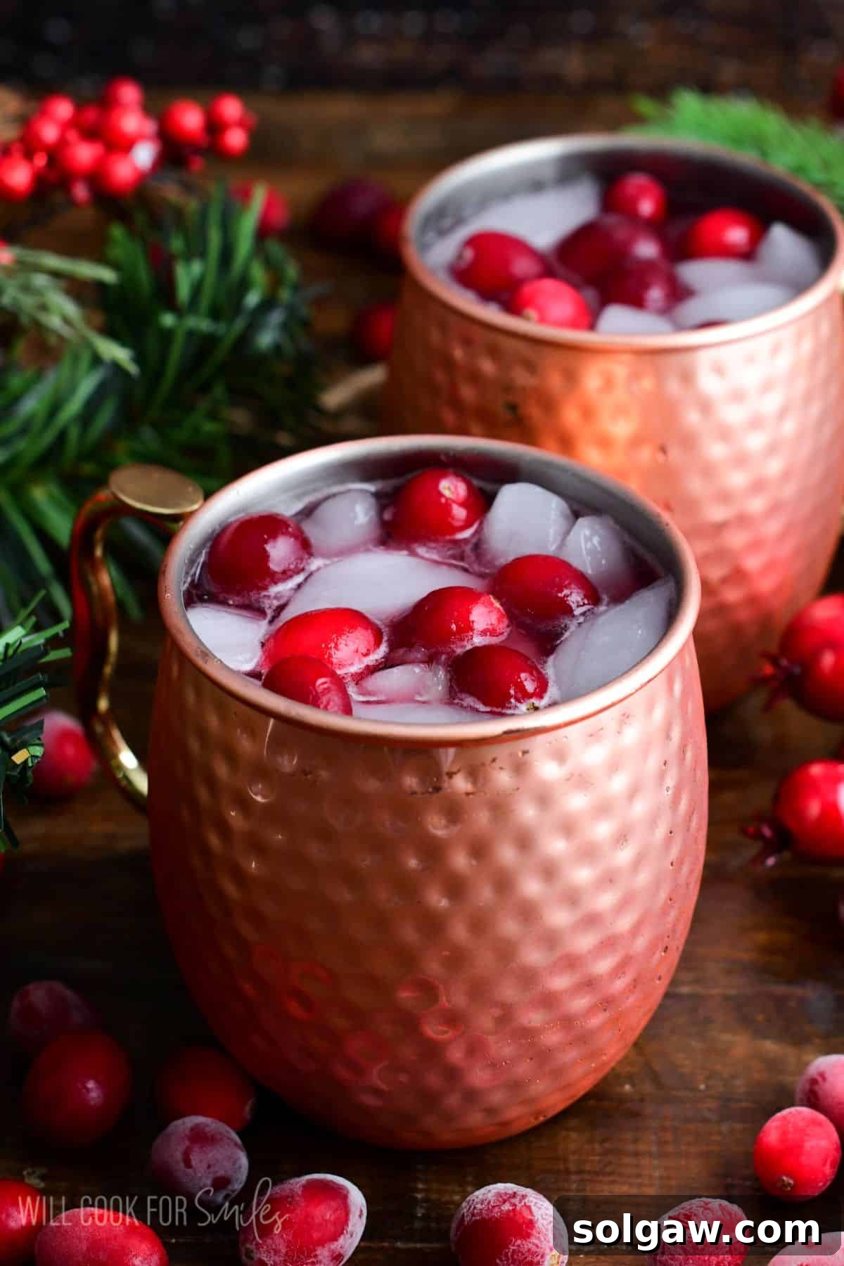 Two copper mugs with cranberry Moscow Mule with fresh cranberries and ice.