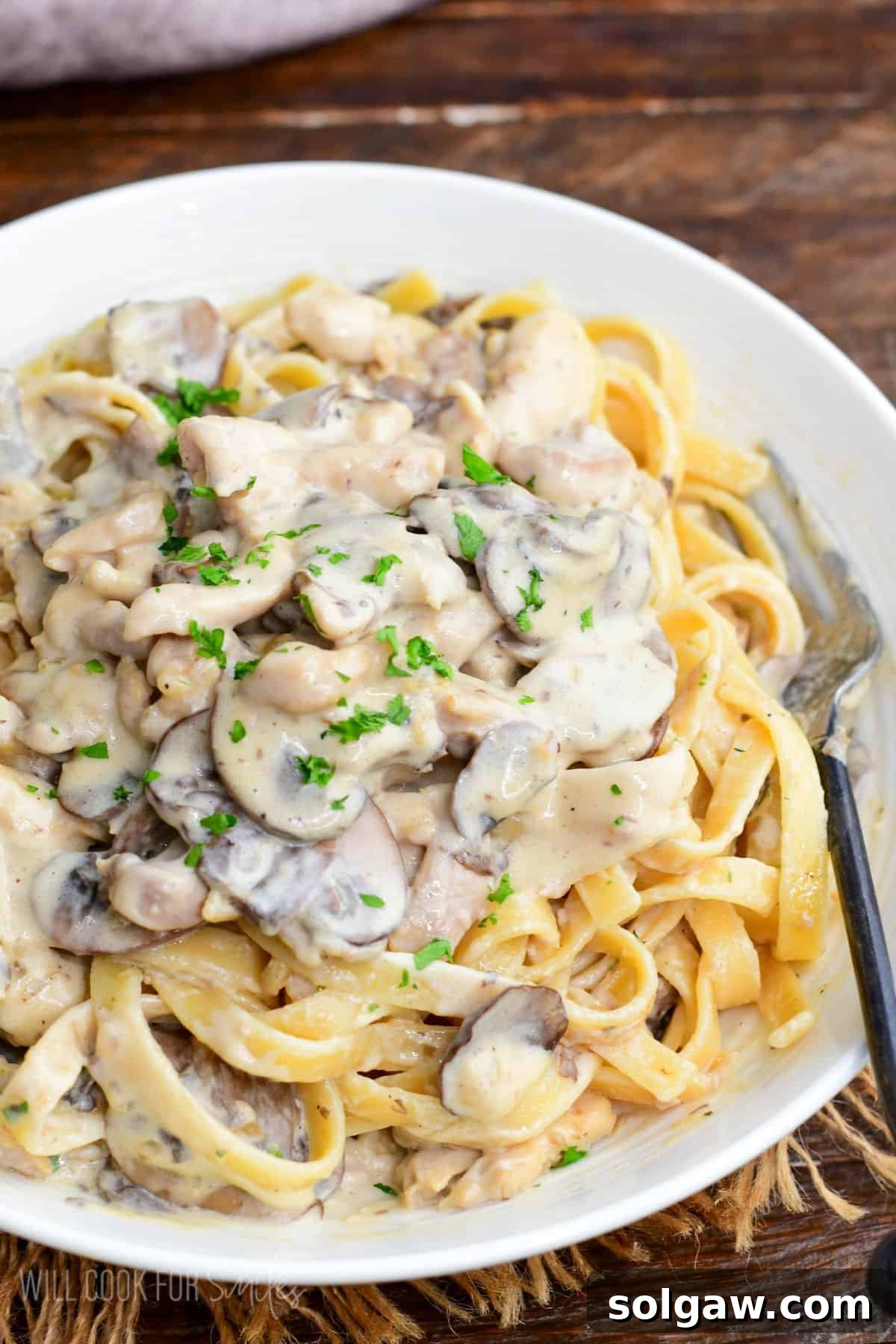 family recipe restaurant style creamy chicken stroganoff with fettuccine in a bowl.