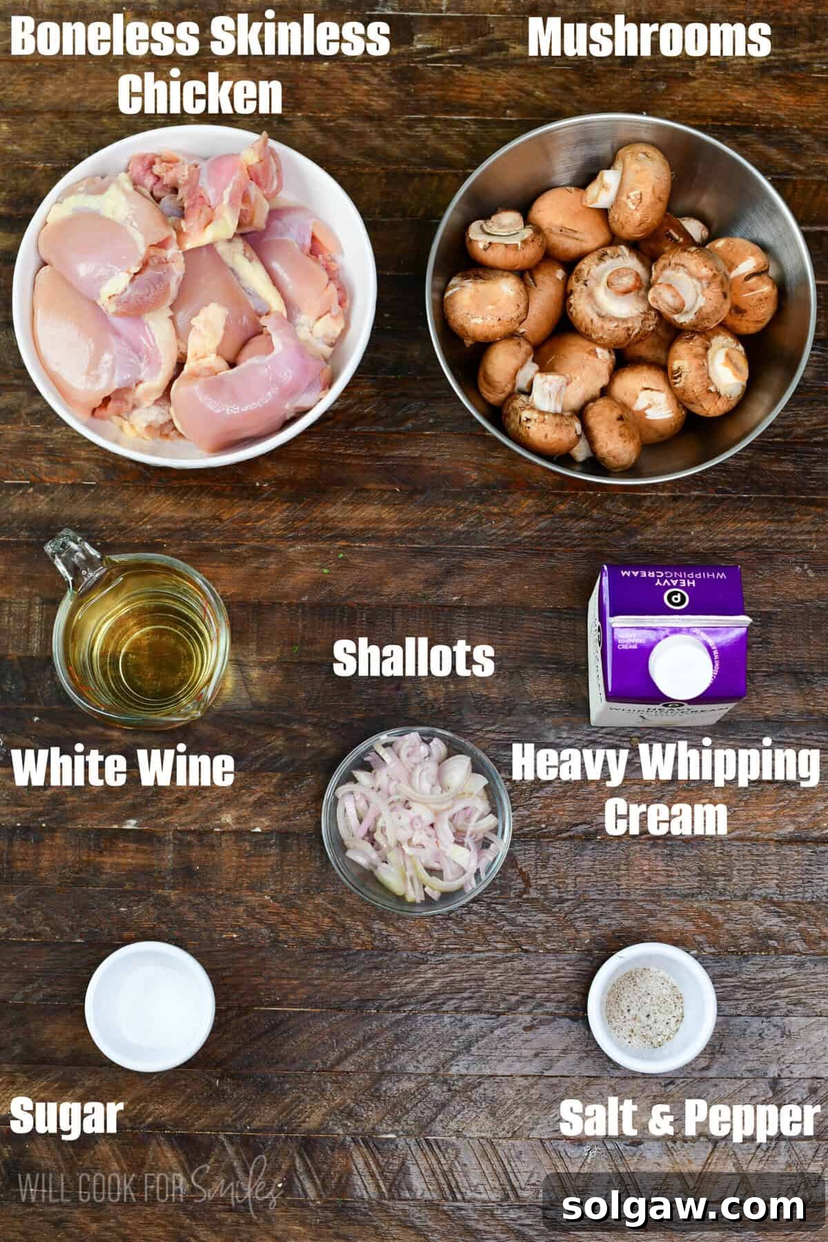 labeled ingredients to make this easy, restaurant style chicken stroganoff.