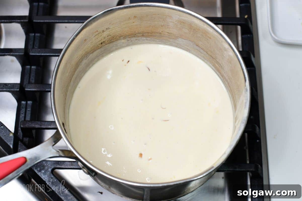 gently simmering the cream sauce for chicken stroganoff.