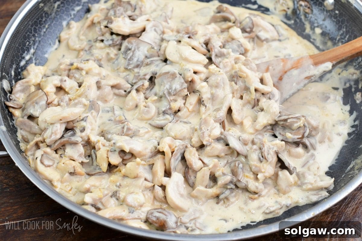 cooked creamy chicken stroganoff with mushrooms in a cooking pan.