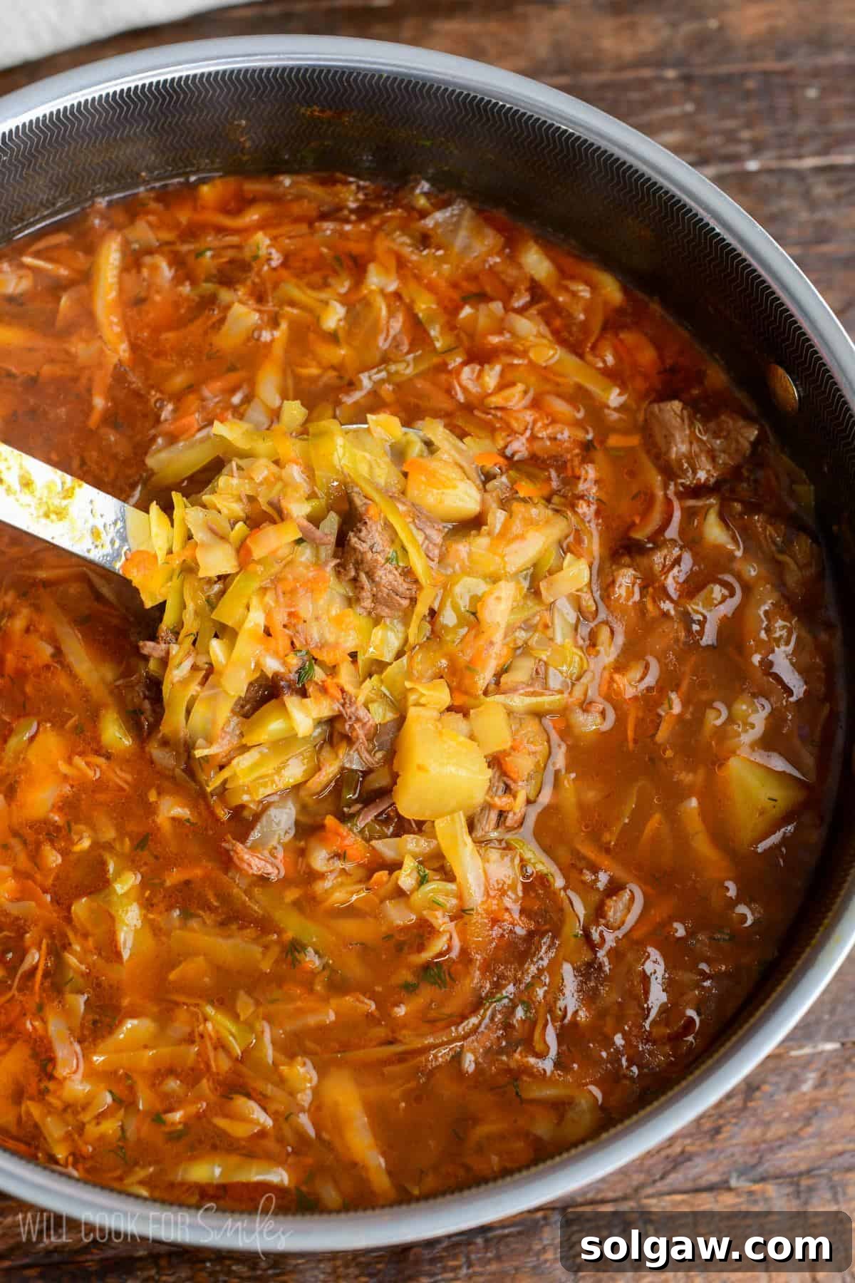 scooping gout some hearty cabbage soup from the pot with a ladle.