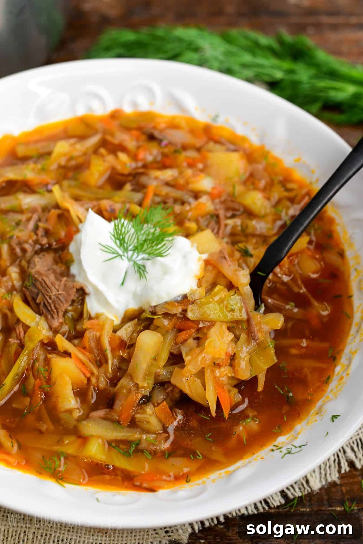 spooning out some hearty cabbage soup from a bowl with a black soup.