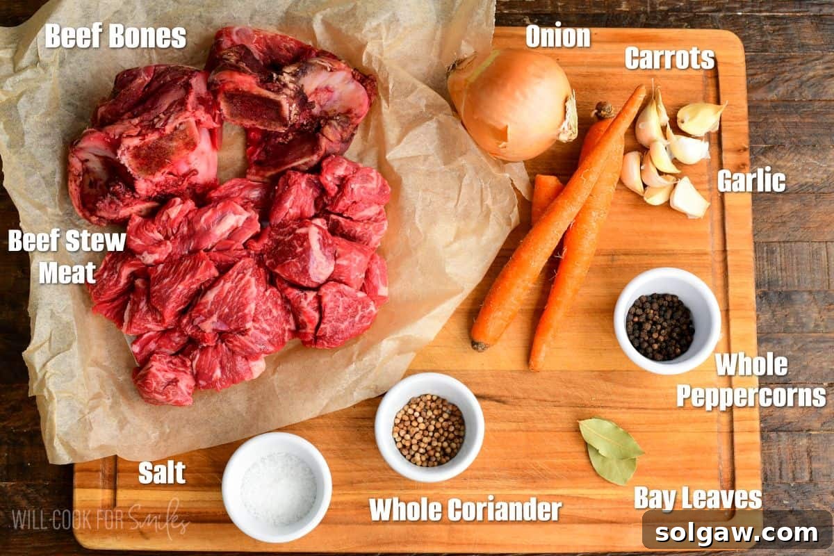 labeled ingredients to make healthy and hearty beef and cabbage soup beef broth.