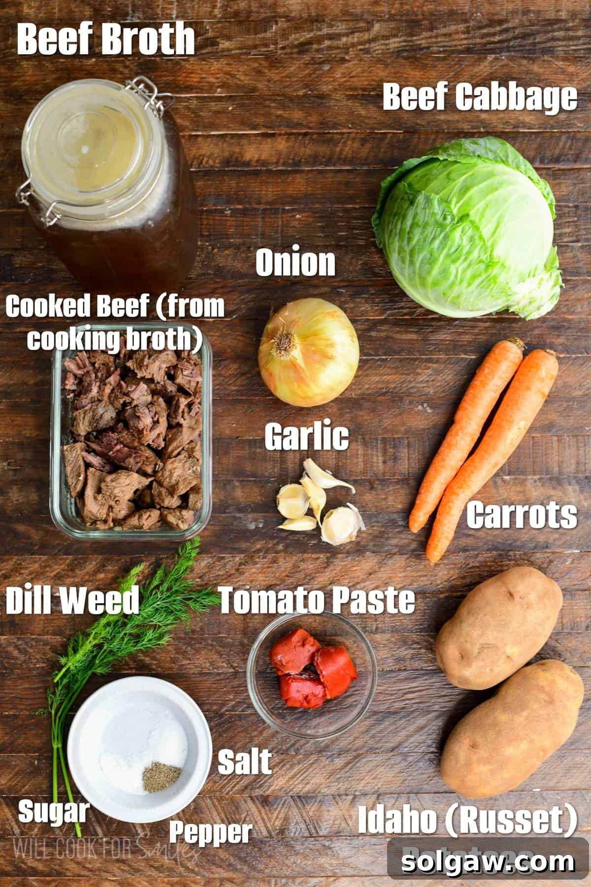 labeled ingredients to make the hearty and healthy cabbage soup with beef.