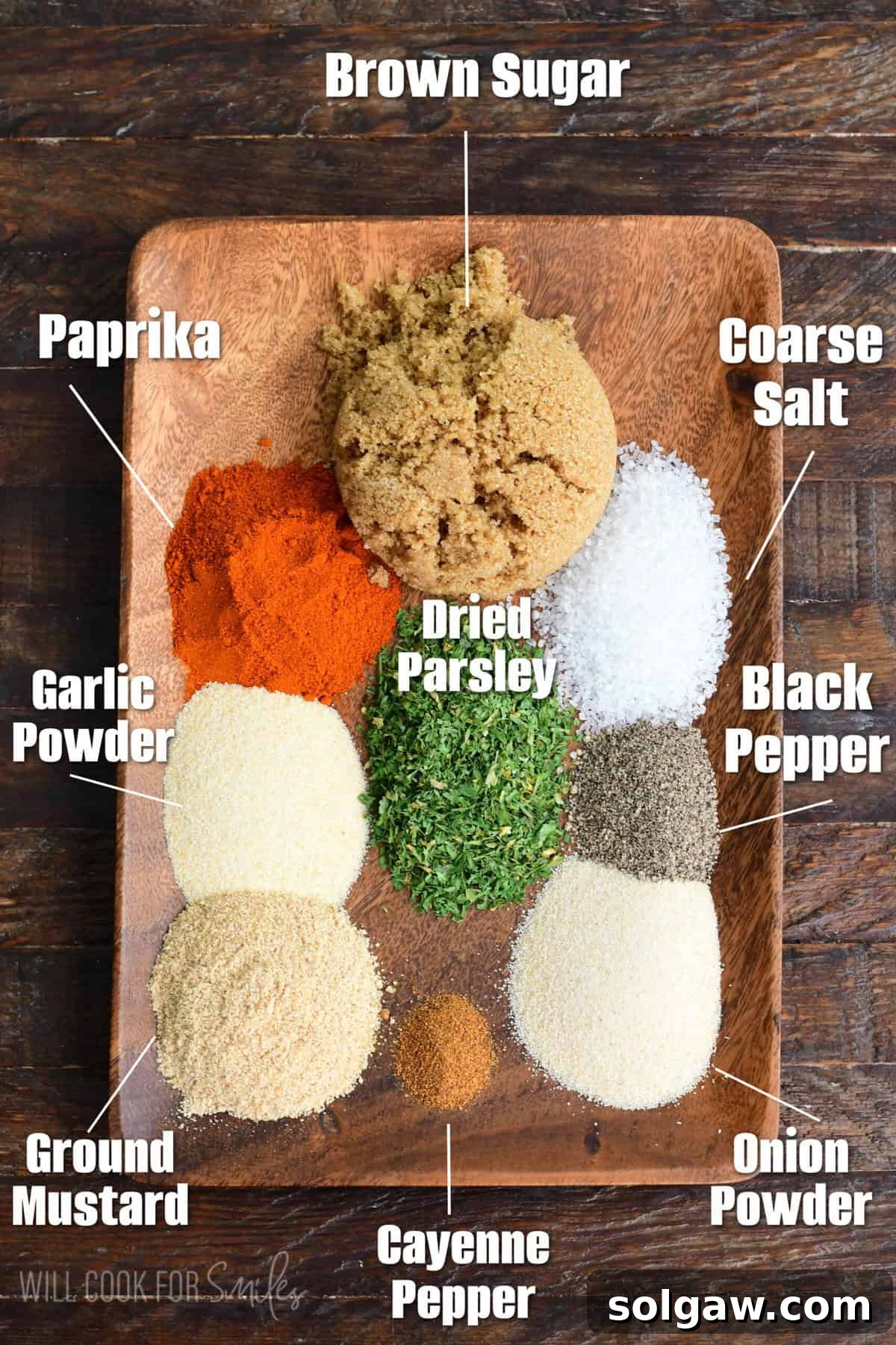 labeled ingredients on a wooden plate to make homemade pork rub.