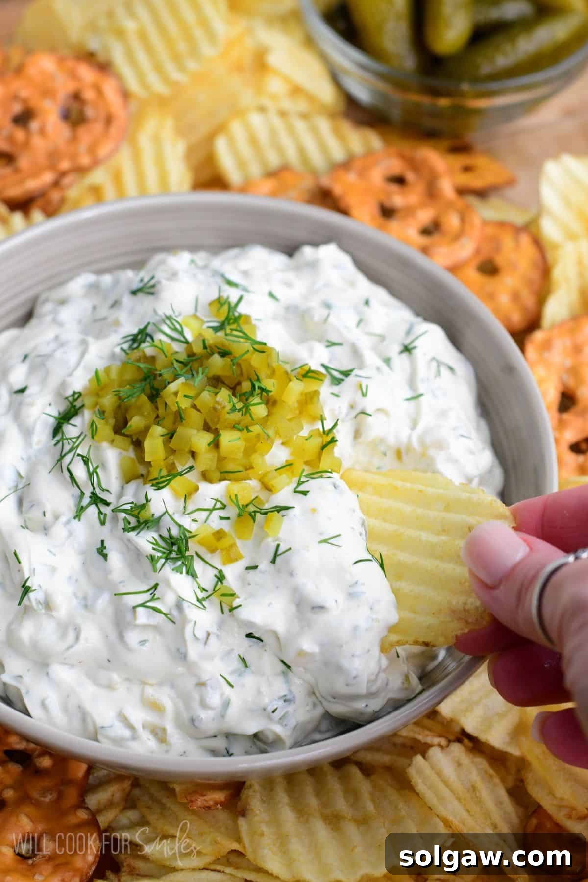 Using a potato chip to scoop some creamy and tangy pickle dip out of the bowl.