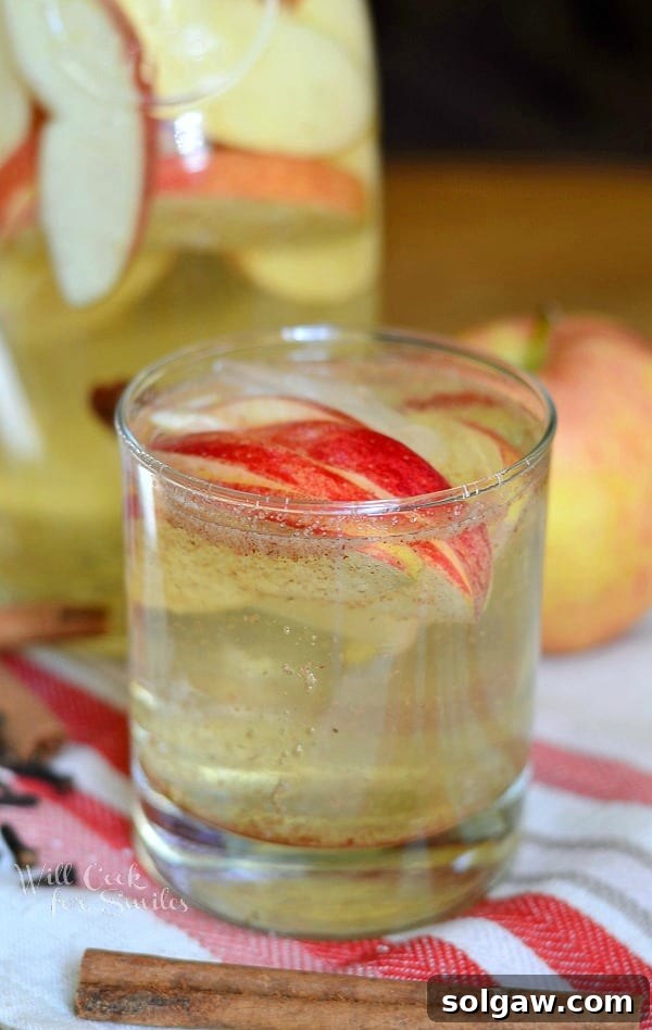 A glass of Spiced Apple Sangria with a festive backdrop, showing sliced apples and a cinnamon stick.