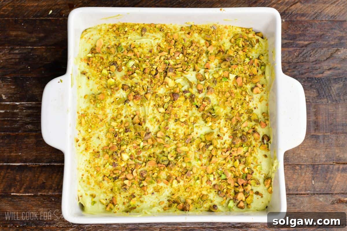 Velvet Pistachio Tiramisu 12 Pistachio tiramisu in a white baking dish topped with a creamy layer and sprinkled generously with chopped pistachios.