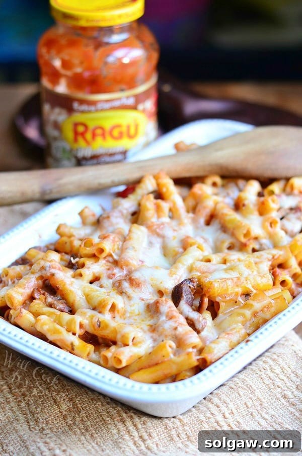Delicious and cheesy Italian Cheesesteak Baked Ziti in a baking dish, ready to be served.