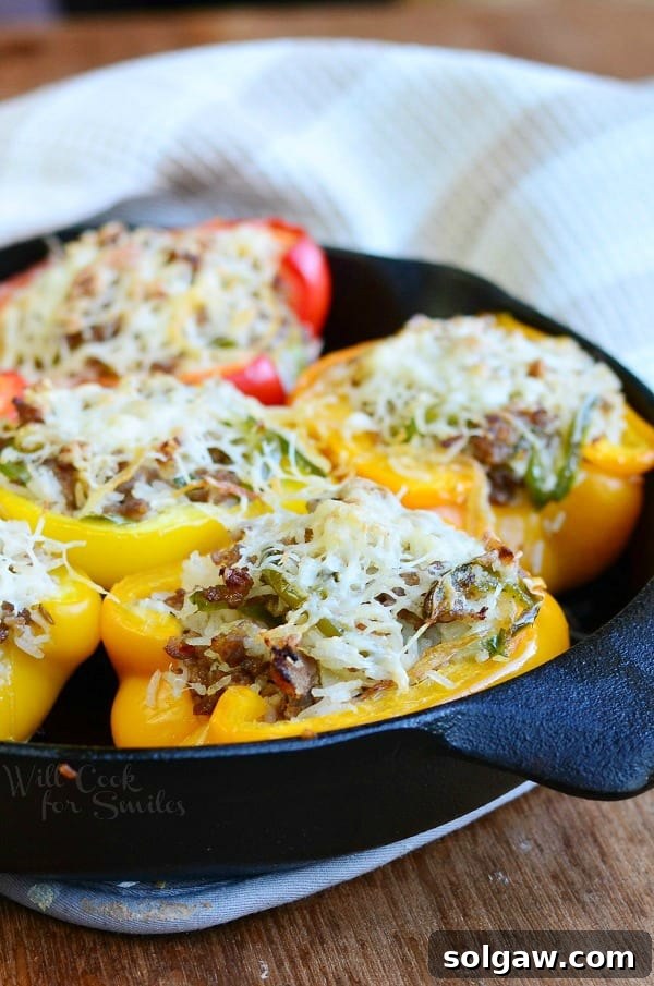 Another mouthwatering close-up of Sausage & Onion Stuffed Peppers