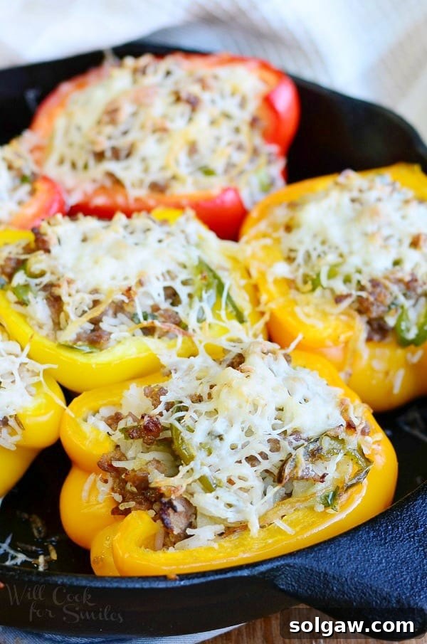 Sausage & Onion Stuffed Peppers looking delicious and ready to eat