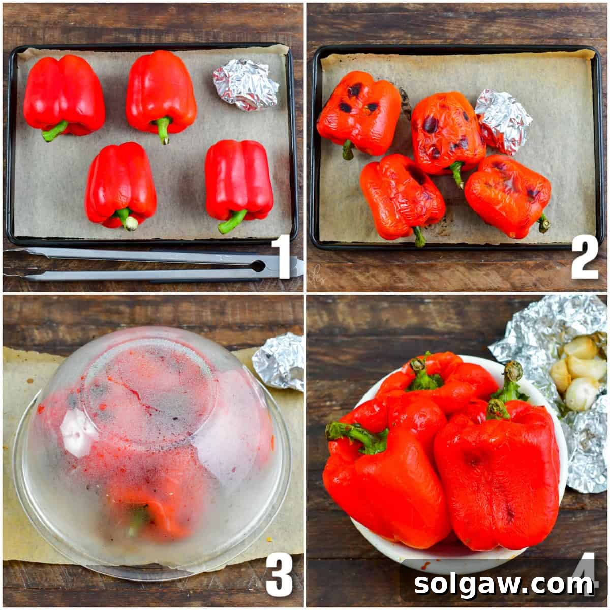 Velvety Roasted Red Pepper Tortellini Soup 4 A four-panel collage illustrating the meticulous process of roasting red bell peppers, from oiling to charring and steaming.