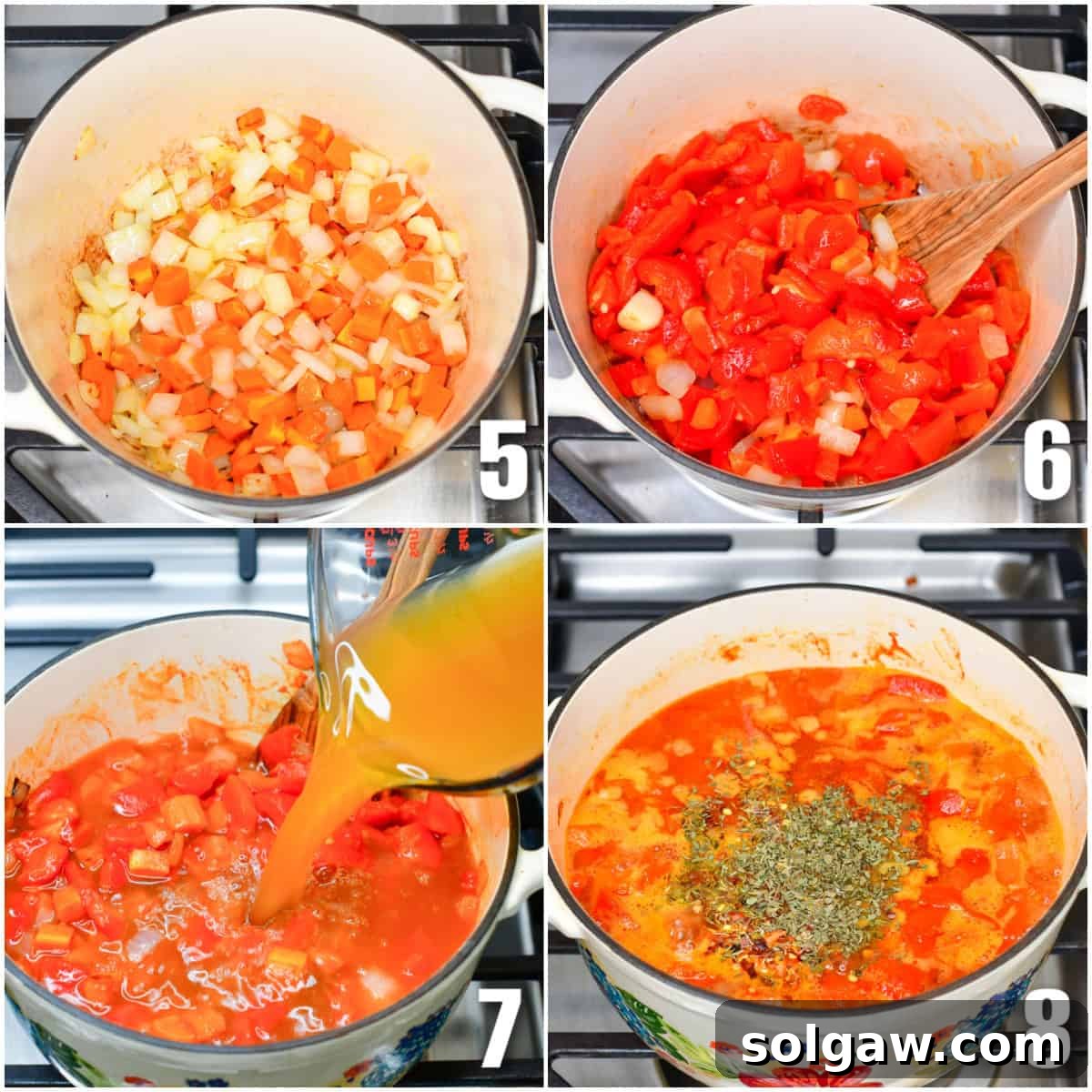 Velvety Roasted Red Pepper Tortellini Soup 5 A four-panel collage showing the soup-making process: sautéing vegetables, adding broth, seasoning, and simmering for a rich flavor.