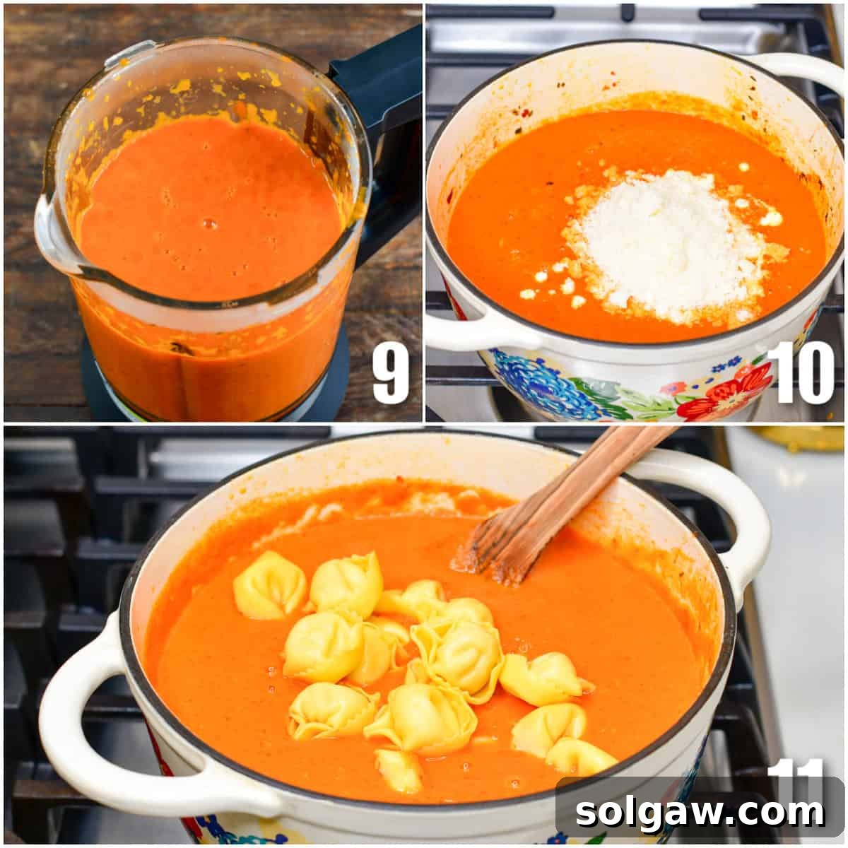 Velvety Roasted Red Pepper Tortellini Soup 6 A three-panel collage showcasing the final steps of preparing roasted red pepper soup: blending for smoothness, and adding cream, Parmesan, and tortellini.
