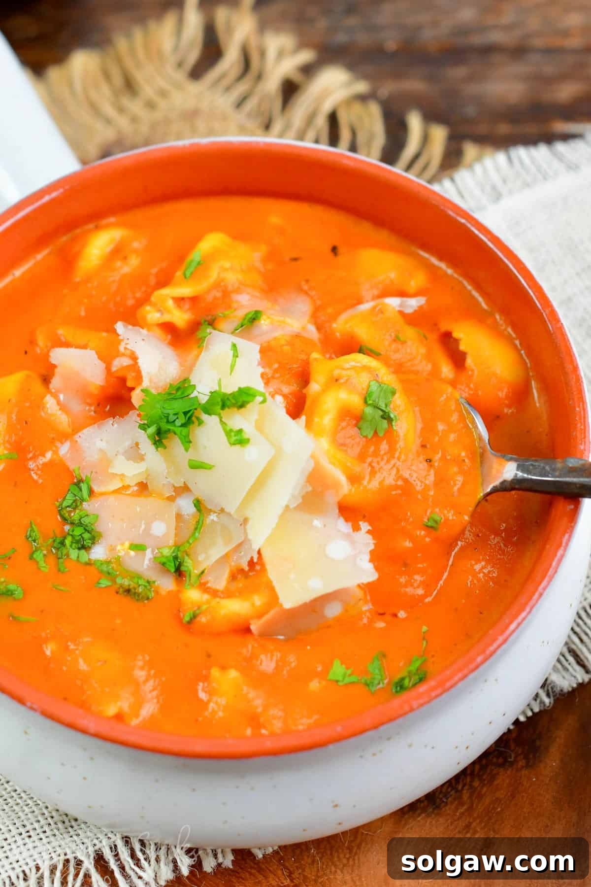 Velvety Roasted Red Pepper Tortellini Soup 8 A dynamic shot of a spoon scooping out a generous portion of creamy red pepper soup and tortellini from a beautifully presented bowl.