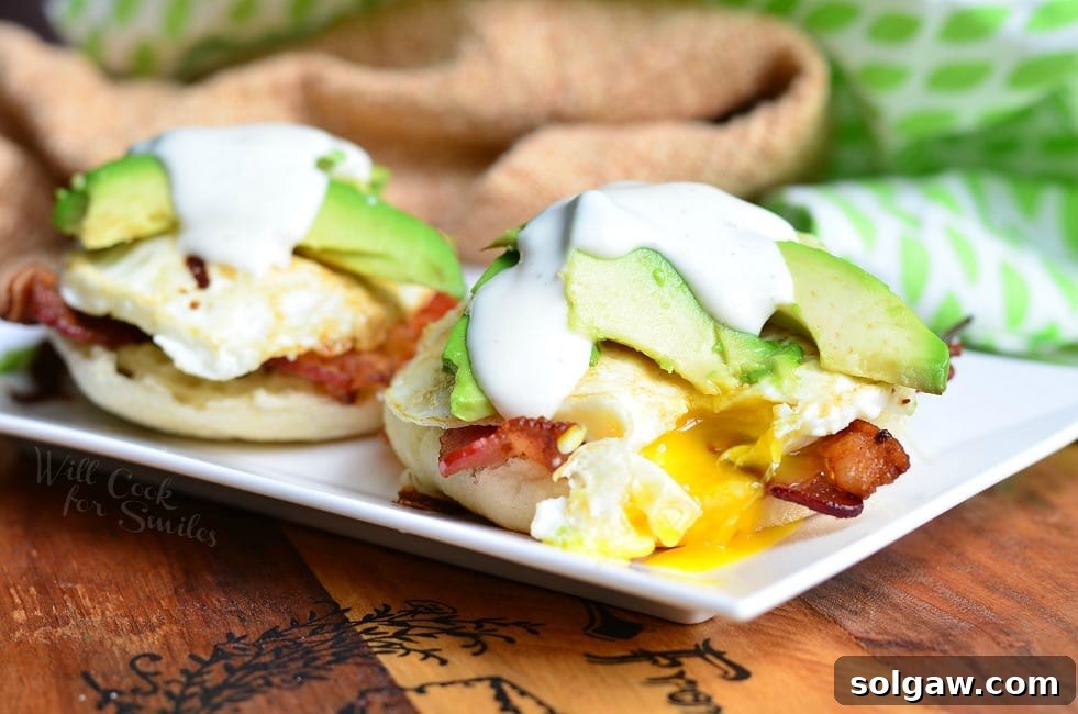 Overhead shot of a delicious Avocado Bacon Ranch Breakfast Sandwich, garnished with fresh herbs, ready to be enjoyed.