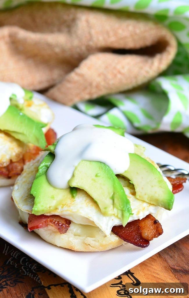 A final mouth-watering image of the Avocado Bacon Ranch Breakfast Sandwich, perfect for a hearty morning meal.