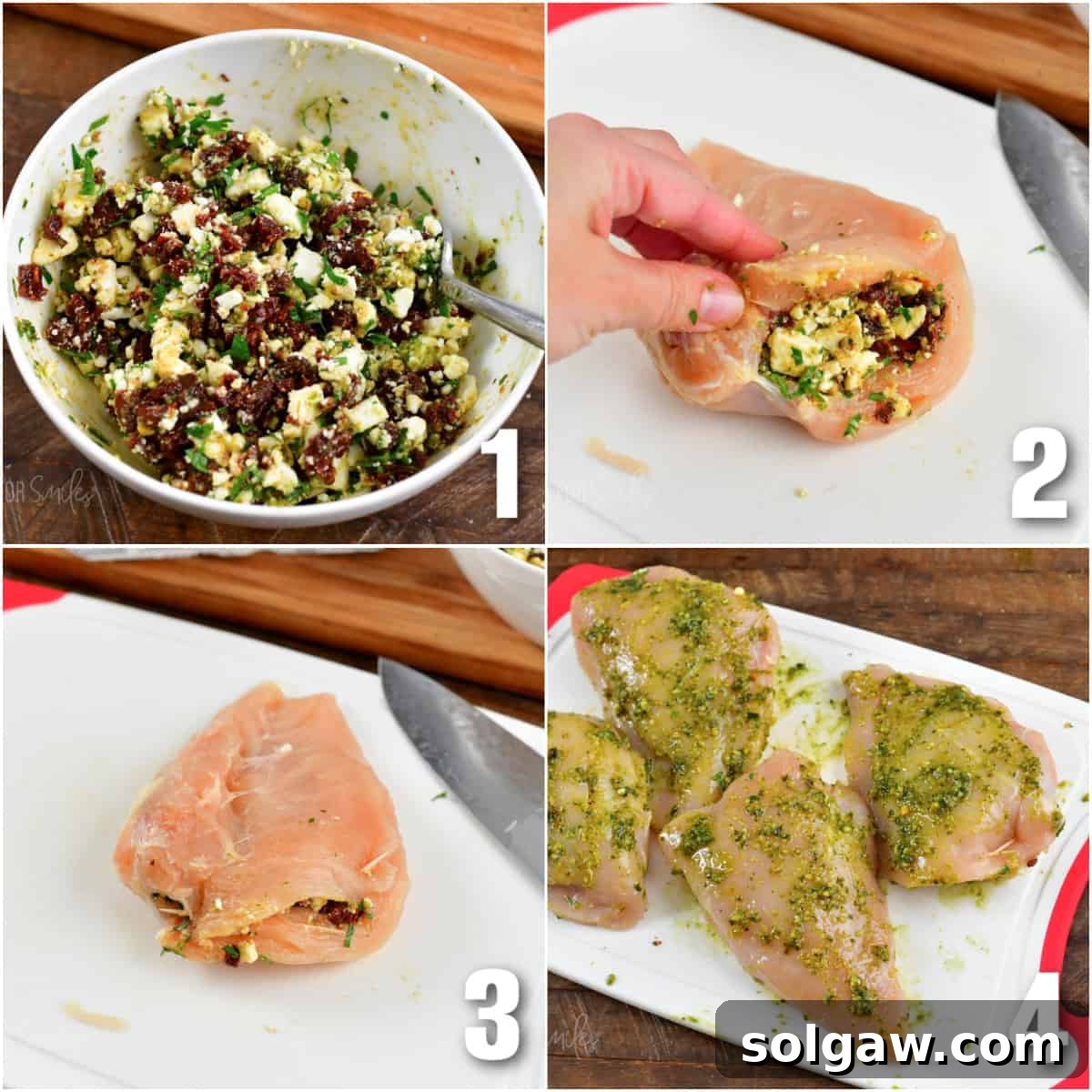 Feta Sun-Kissed Chicken 4 collage of four images showing the process of mixing filling and stuffing chicken breasts.