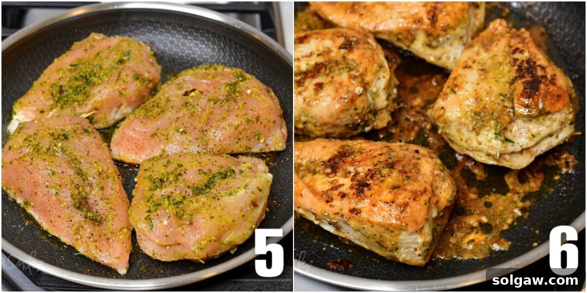 Feta Sun-Kissed Chicken 5 collage of two images showing pan-searing and cooked stuffed chicken.