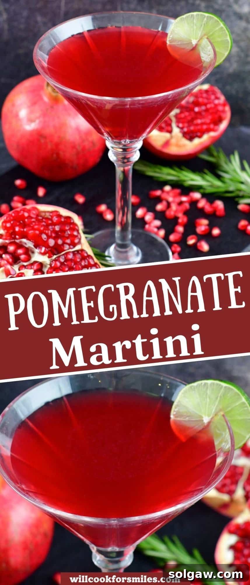 A beautiful collage of two images showcasing the Pomegranate Martini, accompanied by its enticing title.