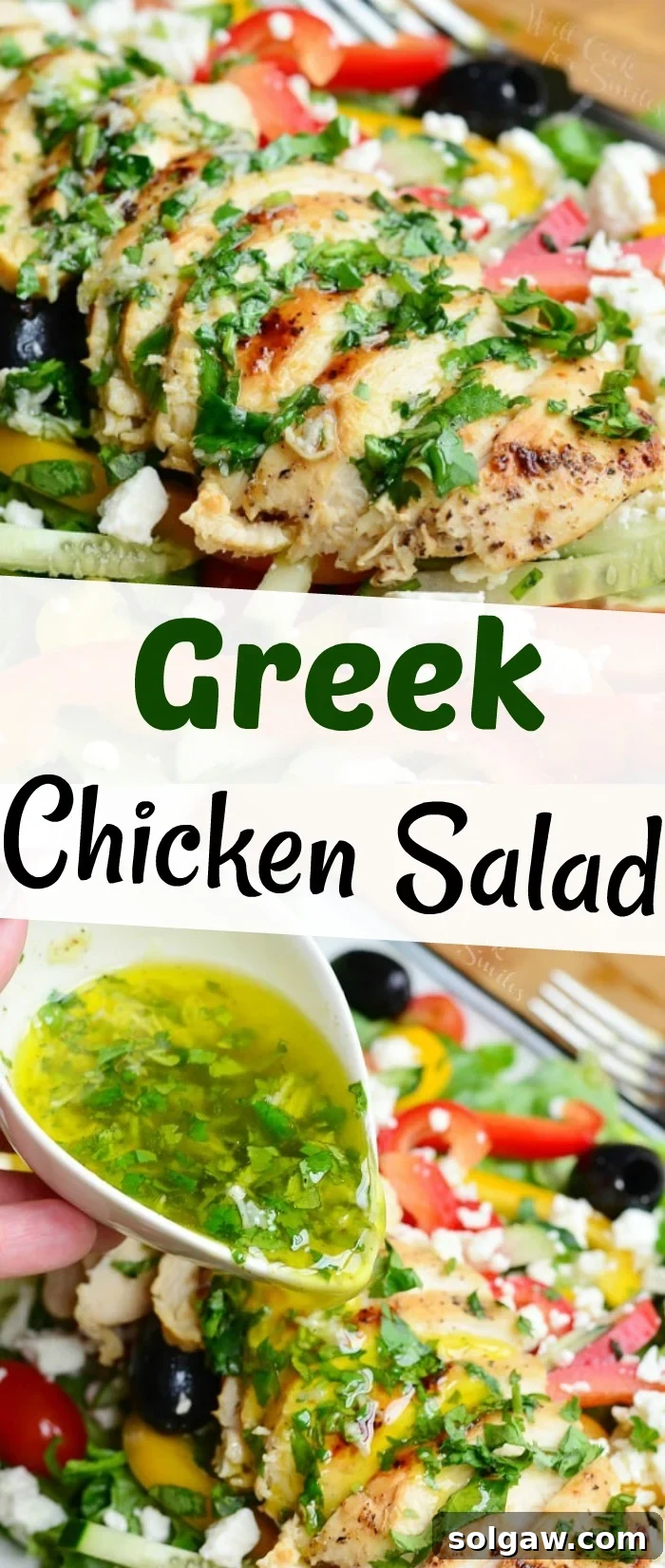 Collage of two images: a close-up of chicken on top of a Greek salad covered with herb dressing, and a shot of lemon herb dressing being poured over the salad.