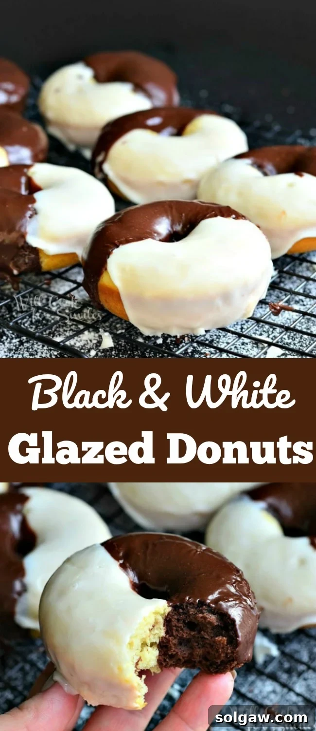 Close-up of a single Black and White Glazed Donut, perfectly half chocolate and half vanilla with glazes