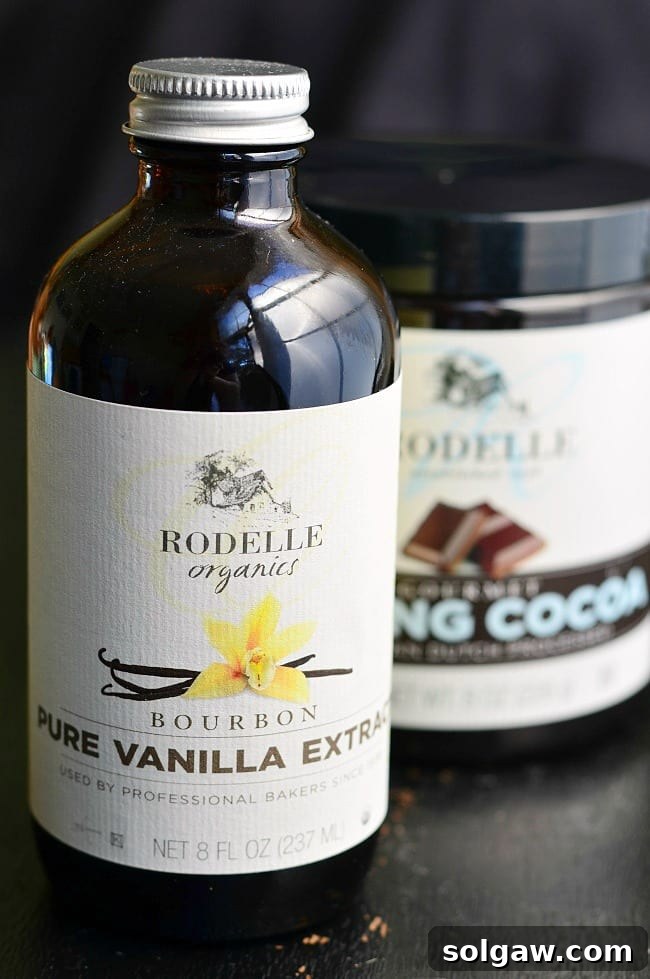 Rodelle Pure Vanilla Extract and premium cocoa powder, essential baking ingredients