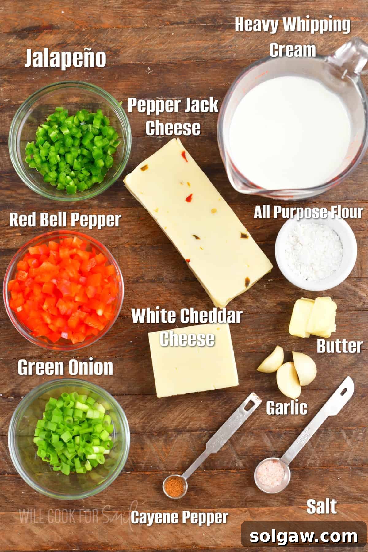 Pristine White Cheese 3 A wooden board displaying all the fresh ingredients needed for homemade queso blanco dip, neatly labeled and arranged.