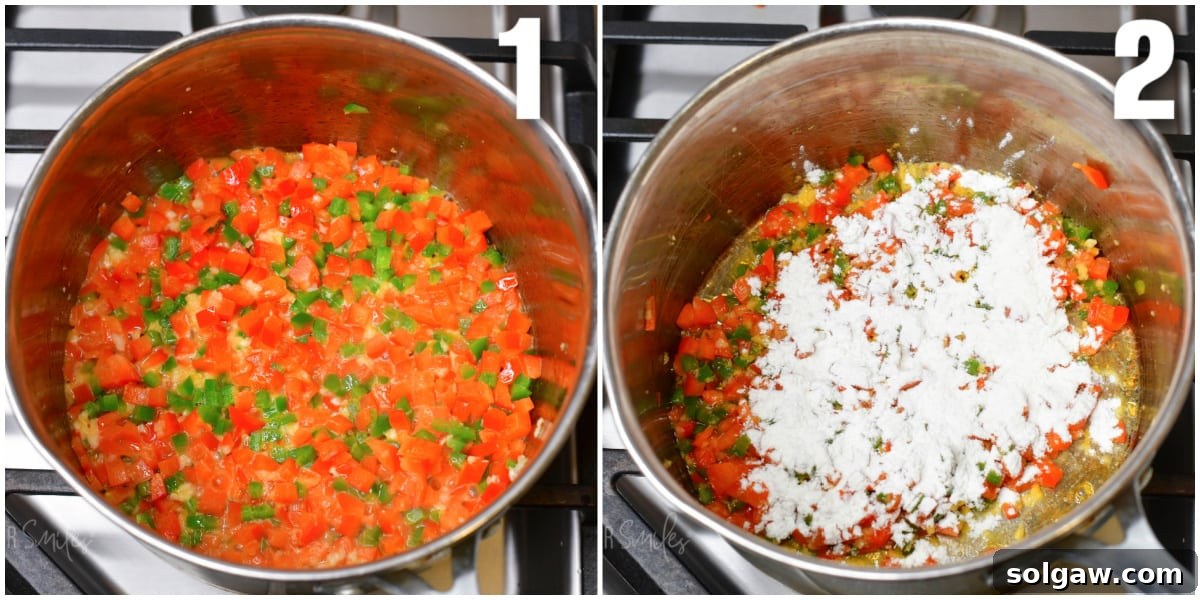 Pristine White Cheese 4 A collage of two images showing the process of sautéing diced bell peppers, jalapeños, and garlic in a pan, followed by the addition of flour to create a roux.