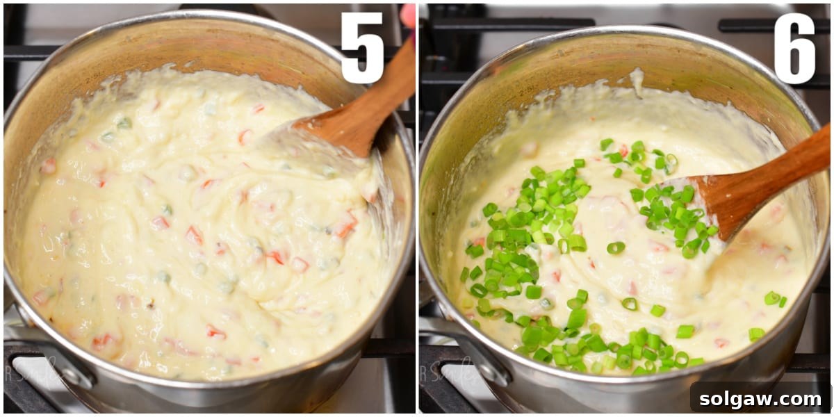 Pristine White Cheese 6 A collage of two images showing white queso dip being stirred in a pot, followed by the addition of fresh green onions for garnish and flavor.