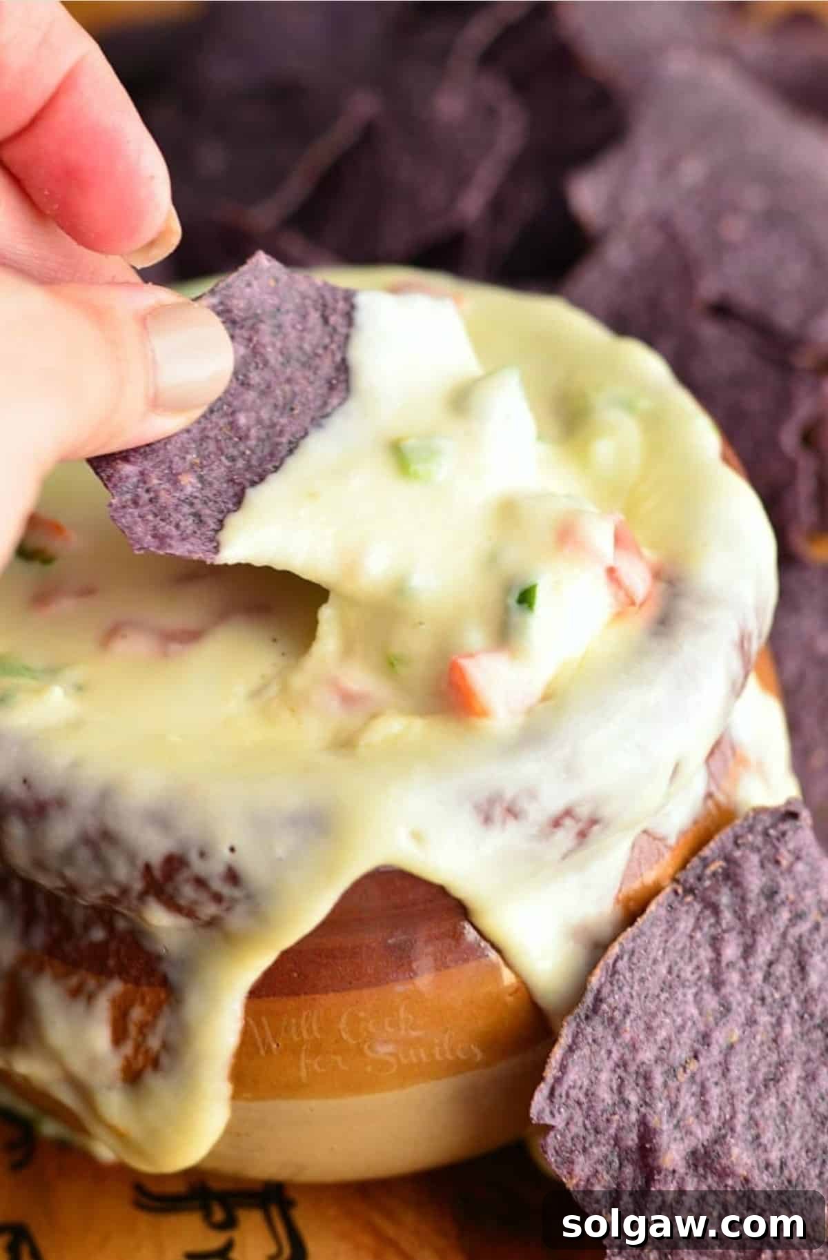 Pristine White Cheese 7 A blue tortilla chip being dipped into a rich Queso Blanco, with the full crock of dip and more chips in the background.