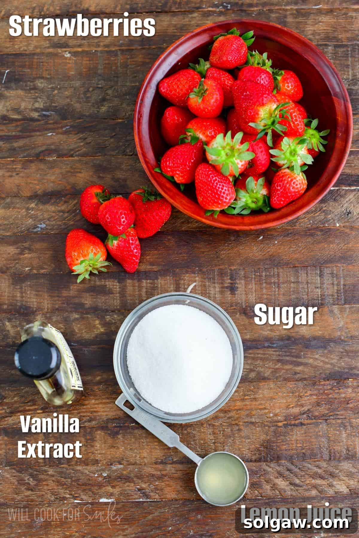 Labeled ingredients for homemade strawberry sauce including fresh strawberries, granulated sugar, vanilla extract, and lemon juice.