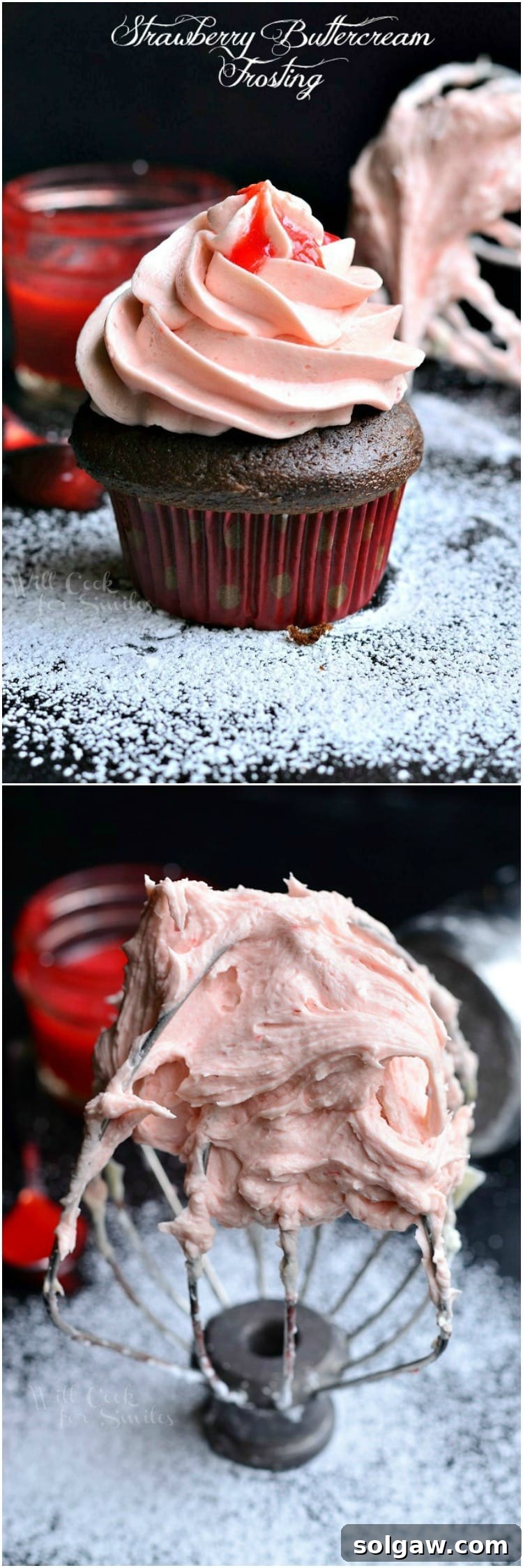 A beautifully piped chocolate cupcake topped with irresistible Strawberry Buttercream Frosting.