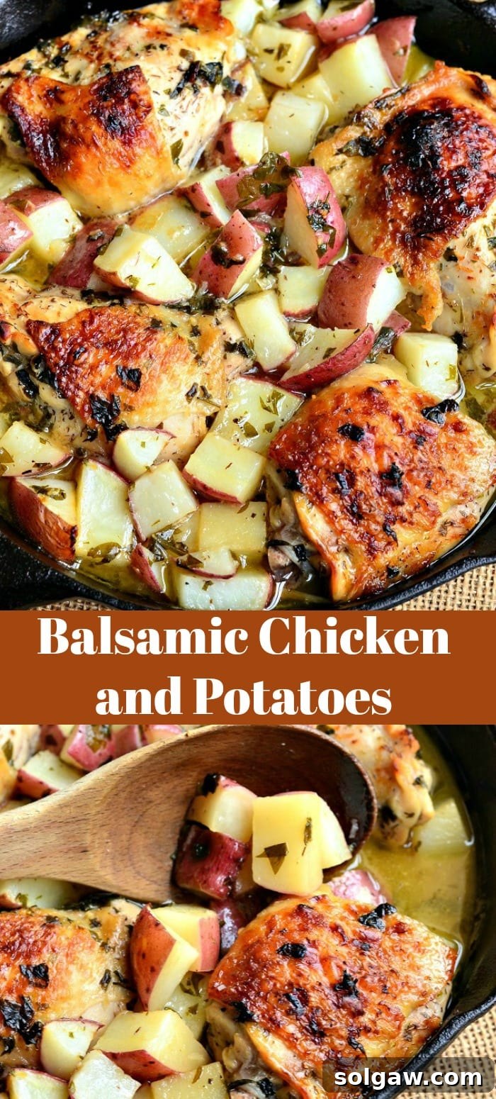 Flavorful One Pan Balsamic Chicken and Roasted Potatoes 8 A collage of two images showing the beautifully cooked balsamic chicken and potatoes in a cast iron skillet.