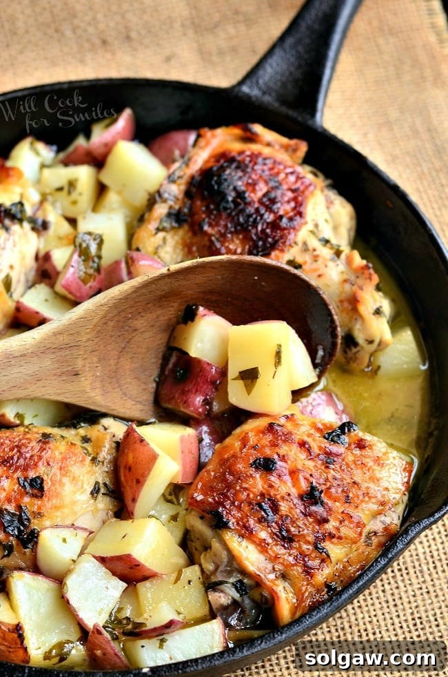 Flavorful One Pan Balsamic Chicken and Roasted Potatoes 5 A wooden spoon scooping perfectly roasted red potatoes from a cast iron skillet alongside balsamic chicken.