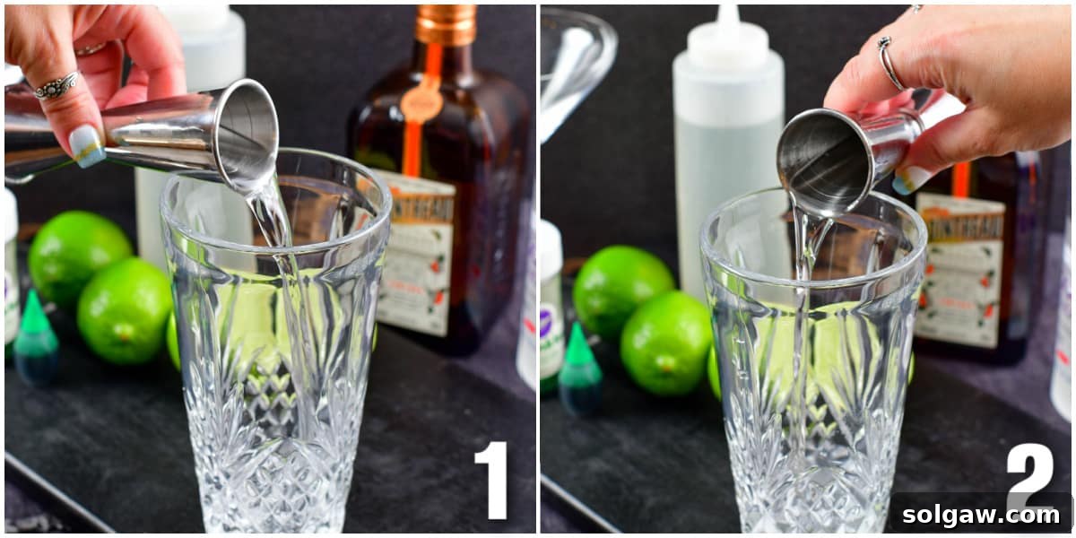 A two-image collage showing the process of adding clear vodka to a cocktail shaker, followed by a pour of amber-colored orange liqueur into the same shaker.
