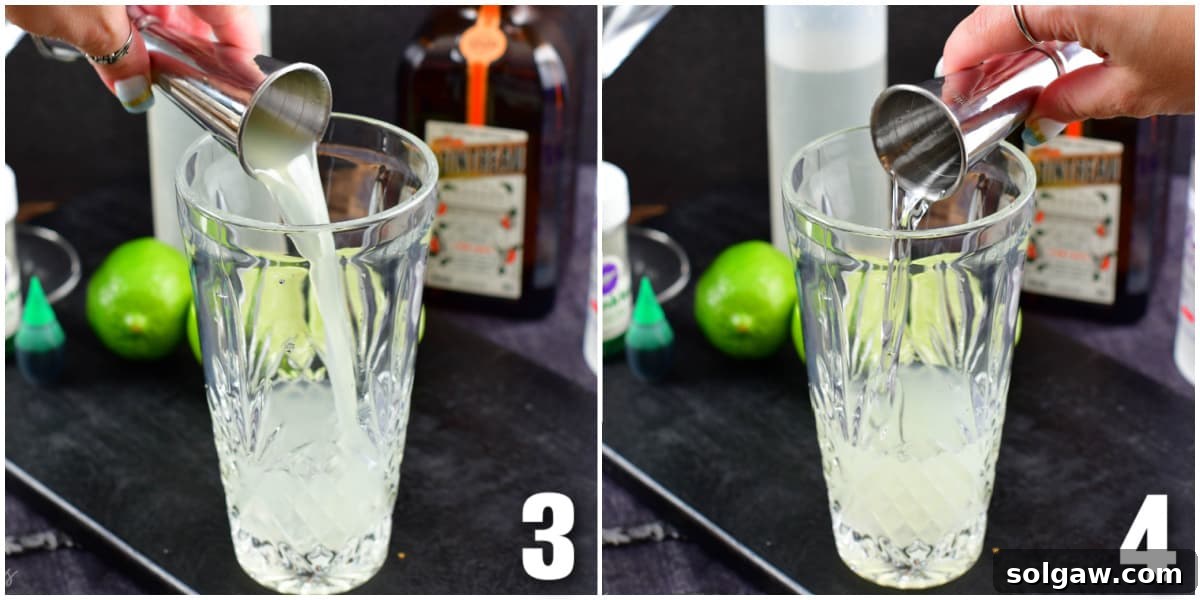 A two-image collage illustrating the addition of fresh lime juice and simple syrup into a cocktail shaker, ready for mixing.