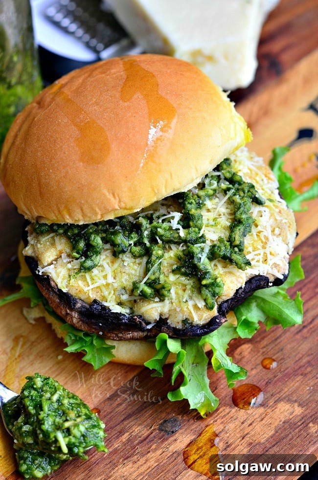 Another appetizing view of the Italian Stuffed Portobello Burger, showcasing its layers.