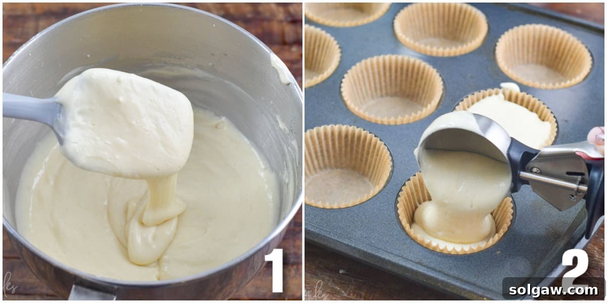Two images side by side: one showing a creamy cupcake batter in a mixing bowl and the other showing the batter being scooped into cupcake liners in a baking pan.